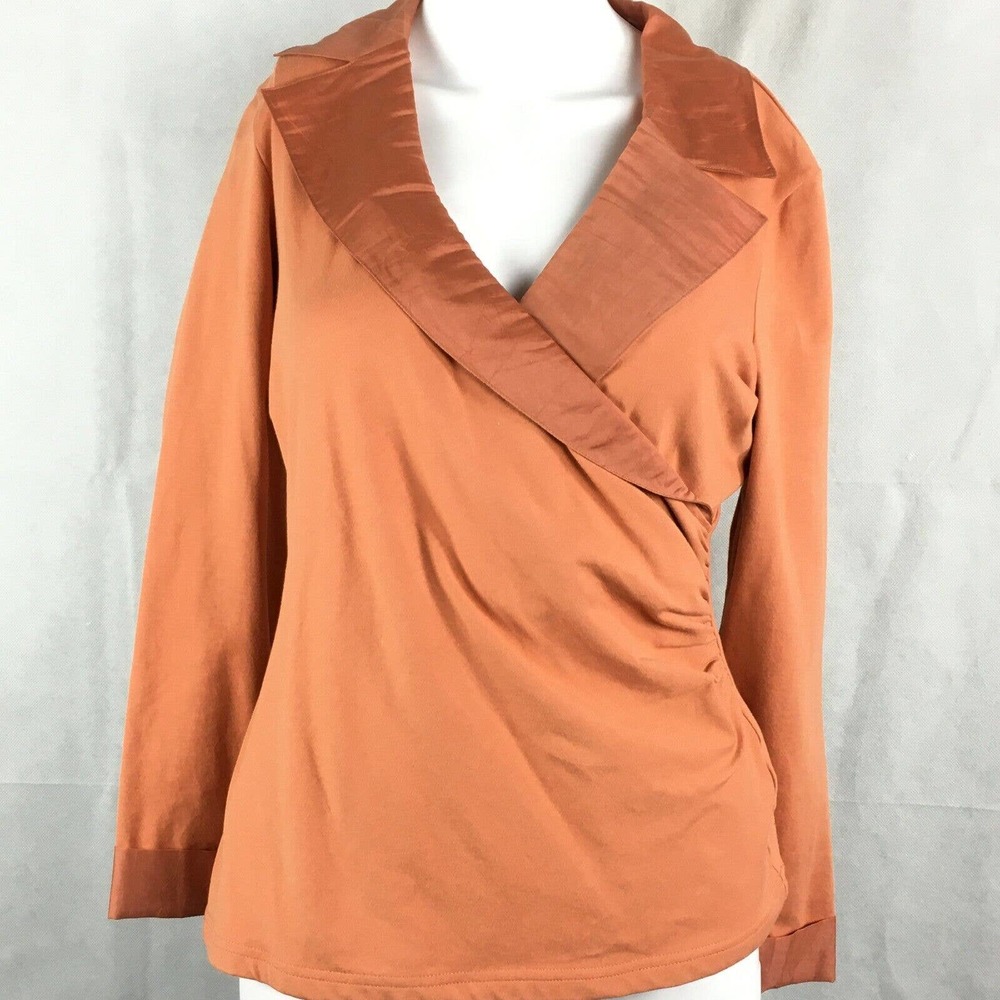 Nic + Zoe Shirt Womens Sz M Orange Cotton Collared Long Sleeve V-Neck Wrap Top